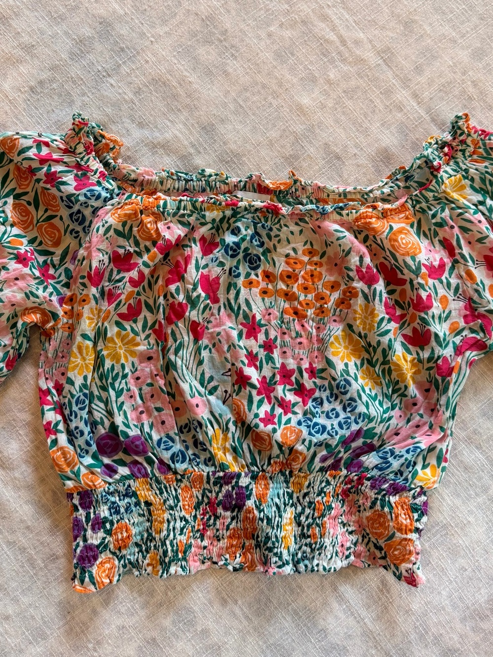 Floral Off-Shoulder Smocked Crop Top - Multi